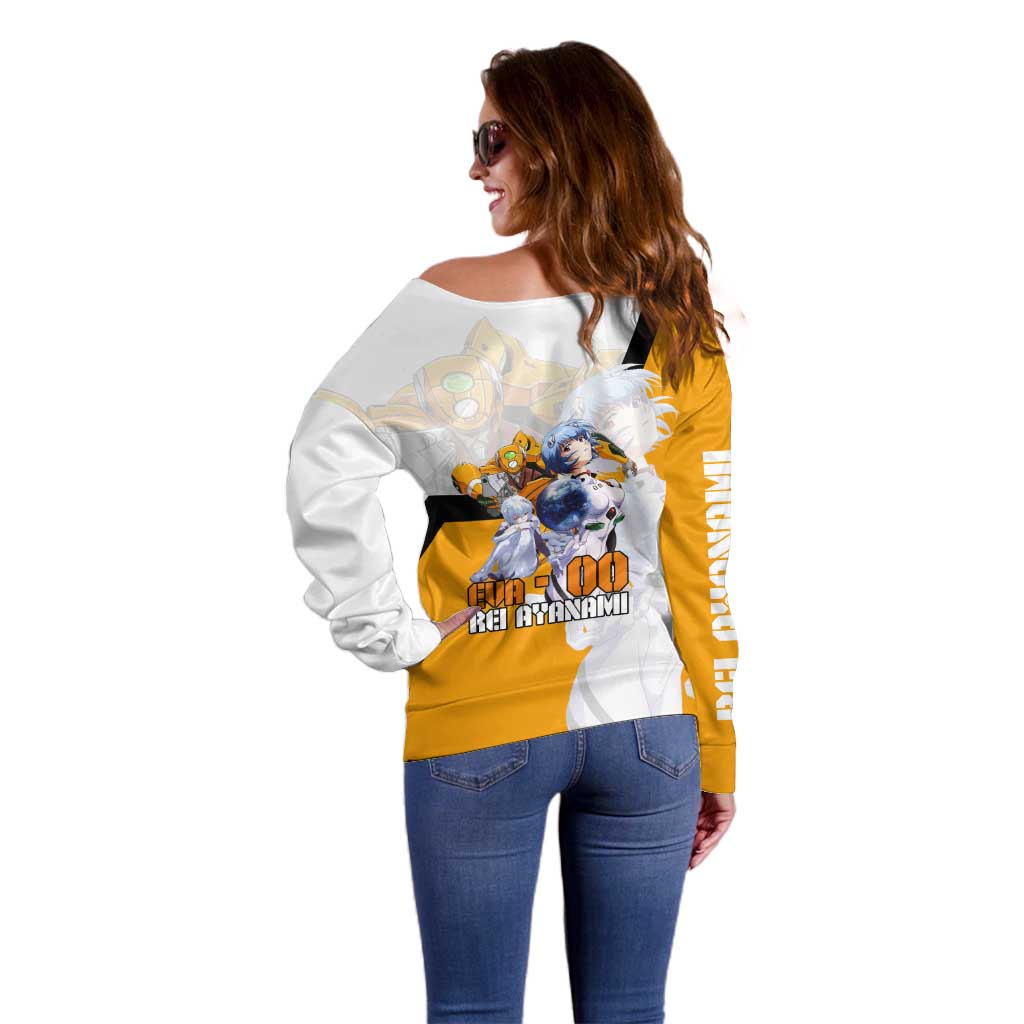 Evangelion EVA-00 and Rei Ayanami Yellow and White Off Shoulder Sweater Design with Mecha and Character Artwork - The Mazicc