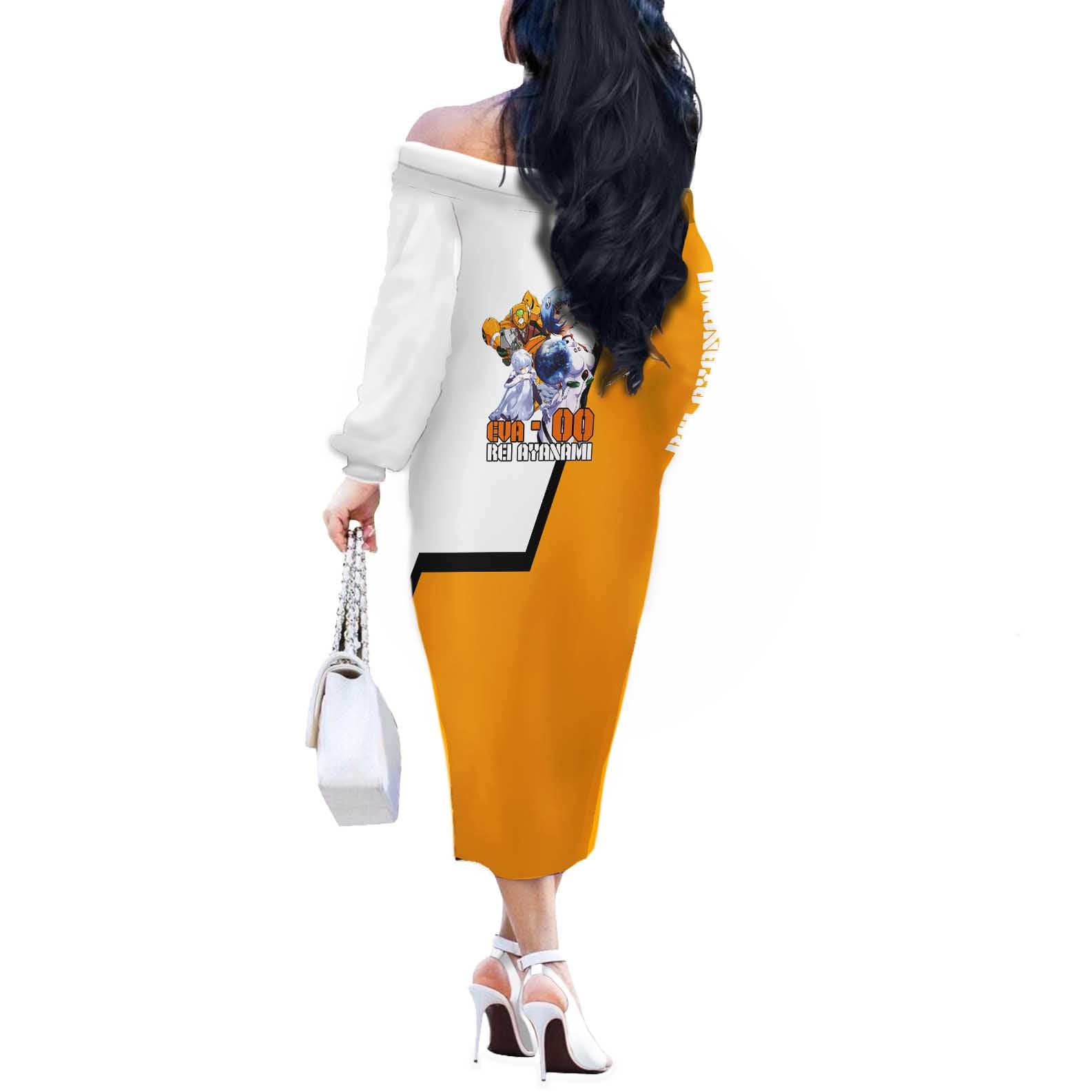 Evangelion EVA-00 and Rei Ayanami Yellow and White Off The Shoulder Long Sleeve Dress Design with Mecha and Character Artwork - The Mazicc