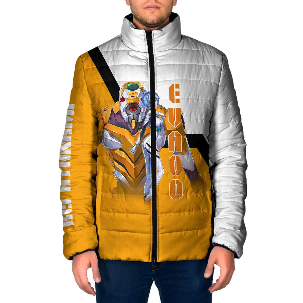 Evangelion EVA-00 and Rei Ayanami Yellow and White Padded Jacket Design with Mecha and Character Artwork - The Mazicc
