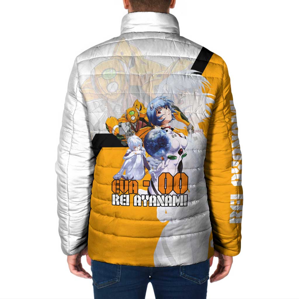Evangelion EVA-00 and Rei Ayanami Yellow and White Padded Jacket Design with Mecha and Character Artwork - The Mazicc