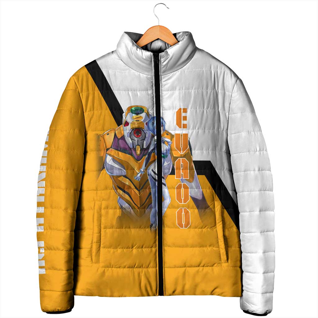 Evangelion EVA-00 and Rei Ayanami Yellow and White Padded Jacket Design with Mecha and Character Artwork - The Mazicc