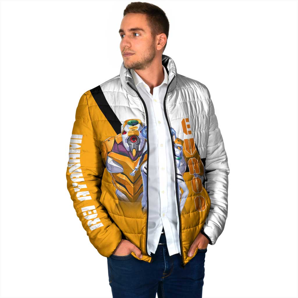 Evangelion EVA-00 and Rei Ayanami Yellow and White Padded Jacket Design with Mecha and Character Artwork - The Mazicc