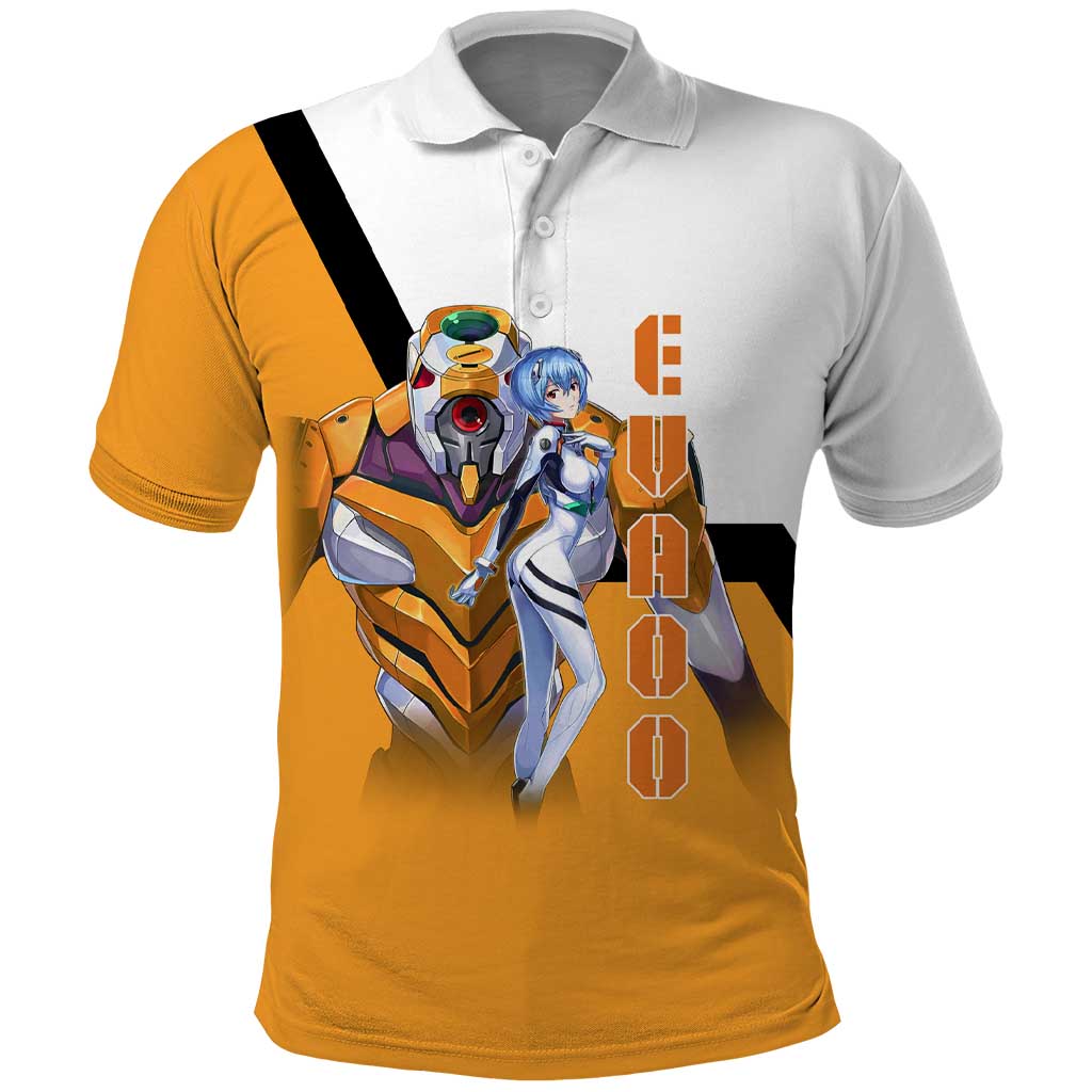 Evangelion EVA-00 and Rei Ayanami Yellow and White Polo Shirt Design with Mecha and Character Artwork - The Mazicc