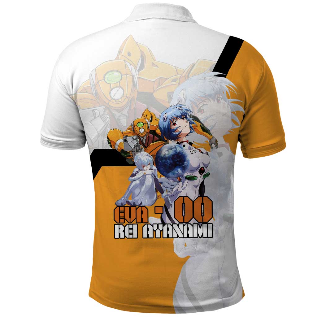 Evangelion EVA-00 and Rei Ayanami Yellow and White Polo Shirt Design with Mecha and Character Artwork - The Mazicc