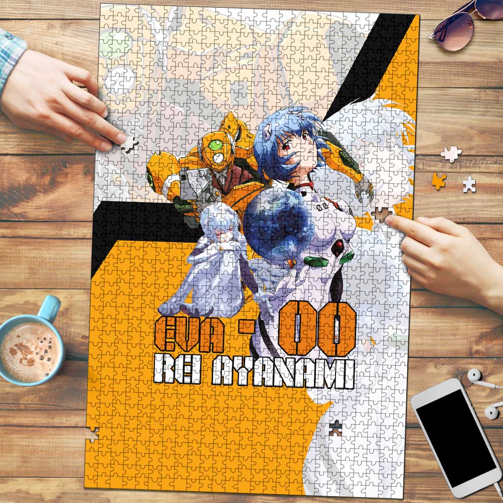 Evangelion EVA-00 and Rei Ayanami Yellow and White Puzzle Design with Mecha and Character Artwork - The Mazicc