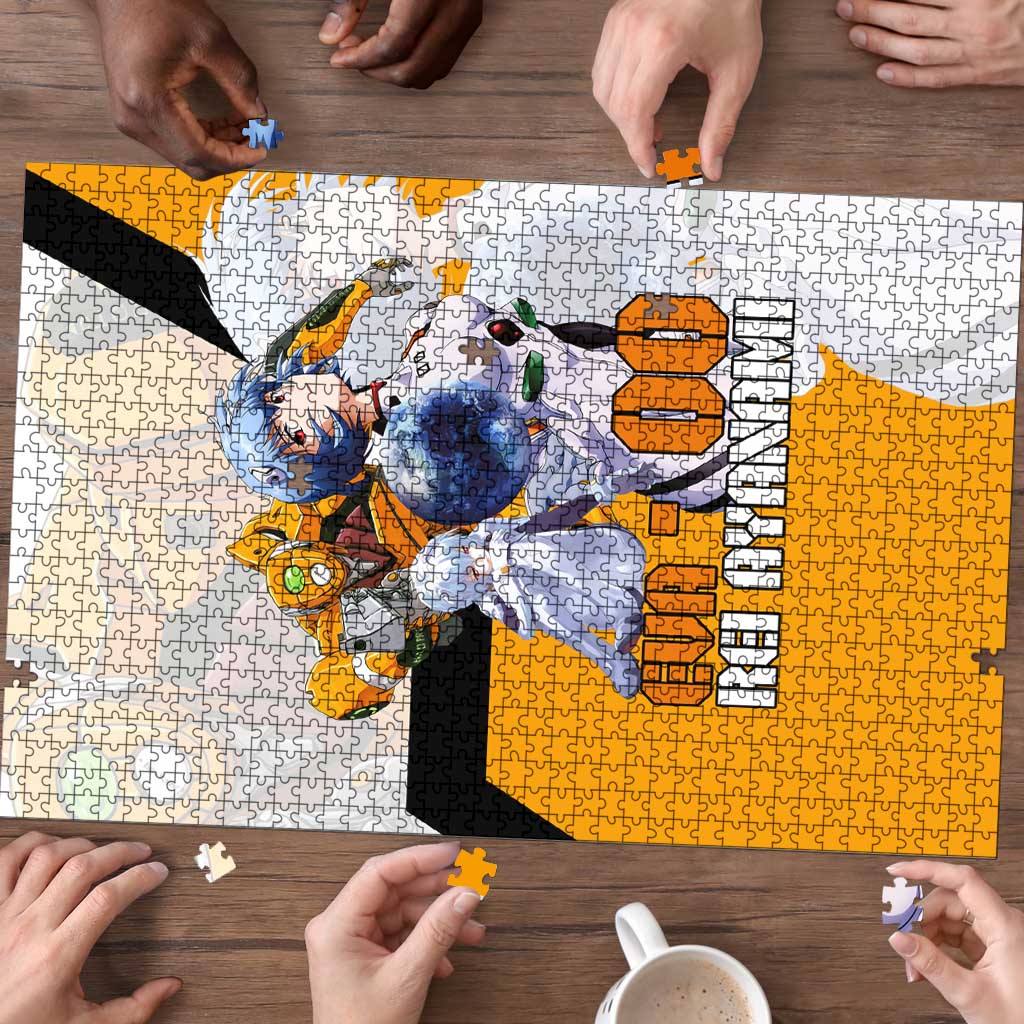 Evangelion EVA-00 and Rei Ayanami Yellow and White Puzzle Design with Mecha and Character Artwork - The Mazicc