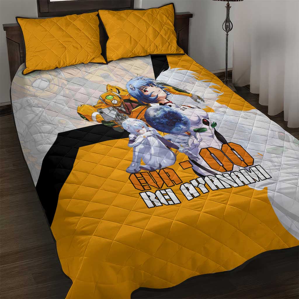 Evangelion EVA-00 and Rei Ayanami Yellow and White Quilt Bed Set Design with Mecha and Character Artwork - The Mazicc