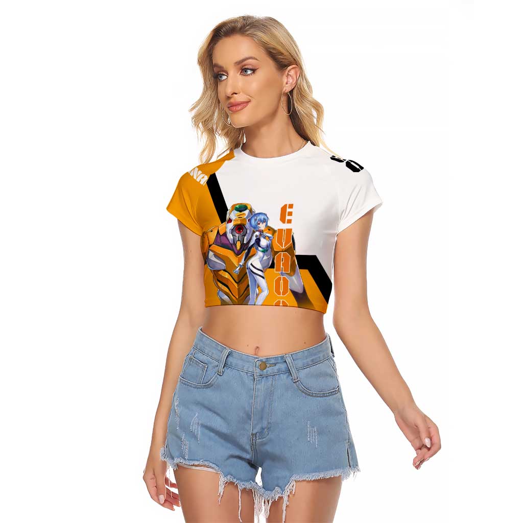 Evangelion EVA-00 and Rei Ayanami Yellow and White Raglan Cropped T Shirt Design with Mecha and Character Artwork - The Mazicc
