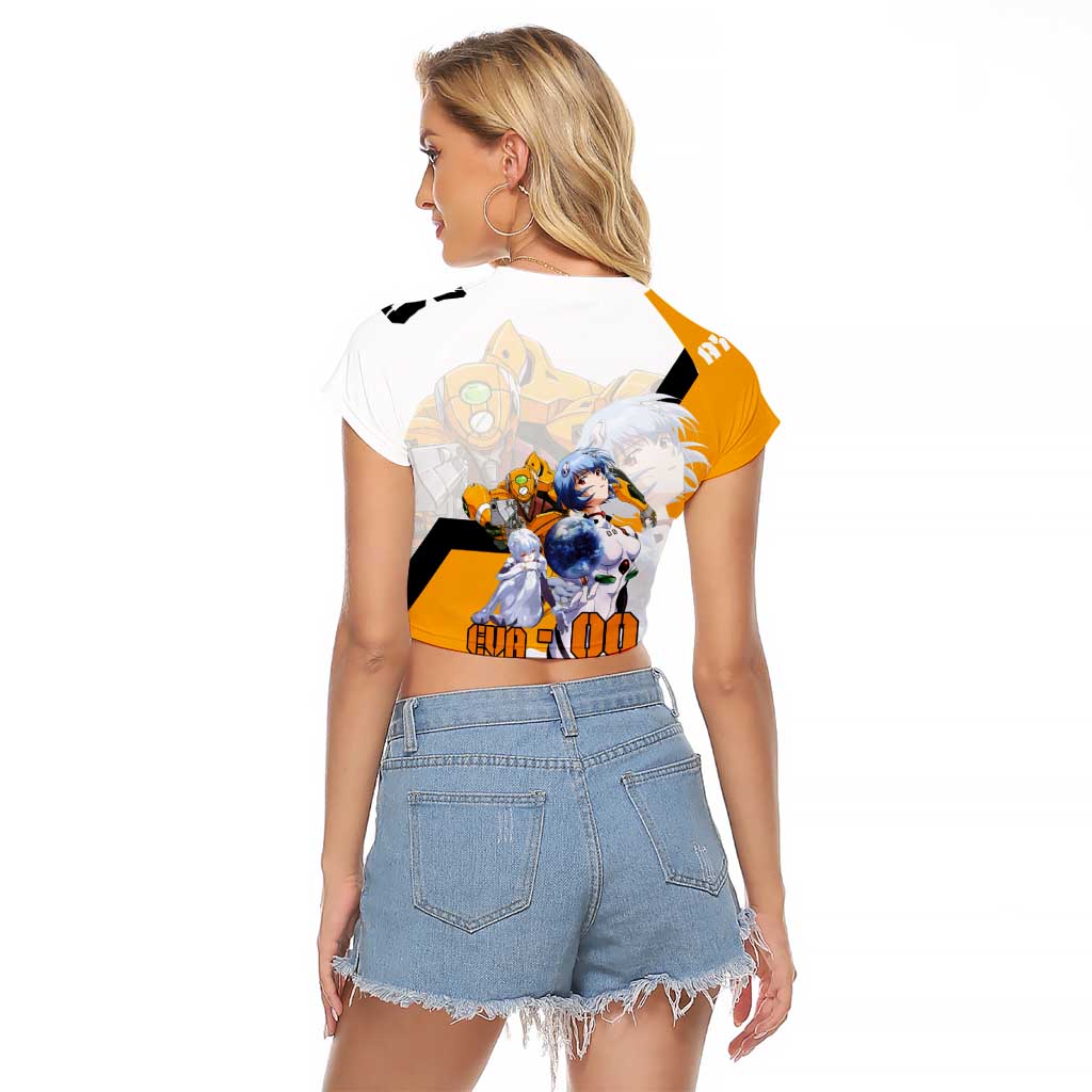 Evangelion EVA-00 and Rei Ayanami Yellow and White Raglan Cropped T Shirt Design with Mecha and Character Artwork - The Mazicc