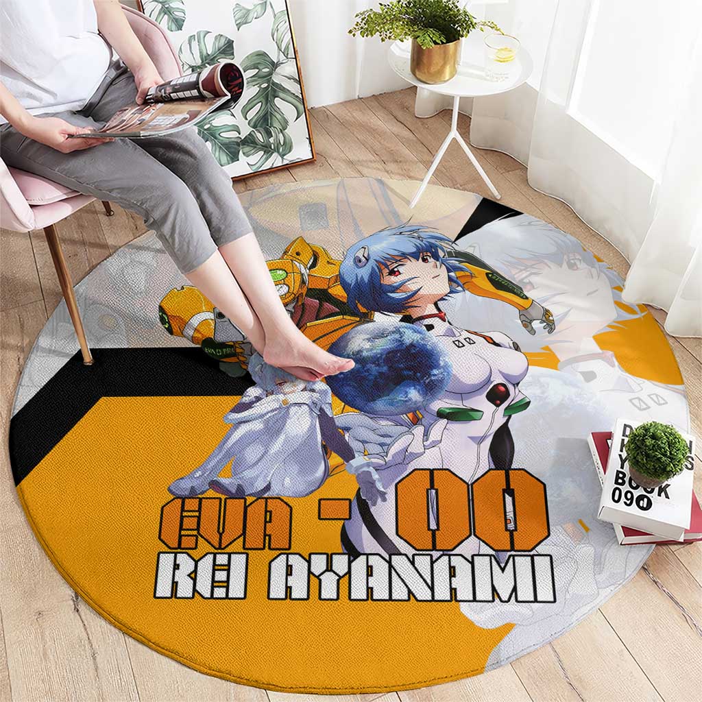 Evangelion EVA-00 and Rei Ayanami Yellow and White Round Carpet Design with Mecha and Character Artwork - The Mazicc
