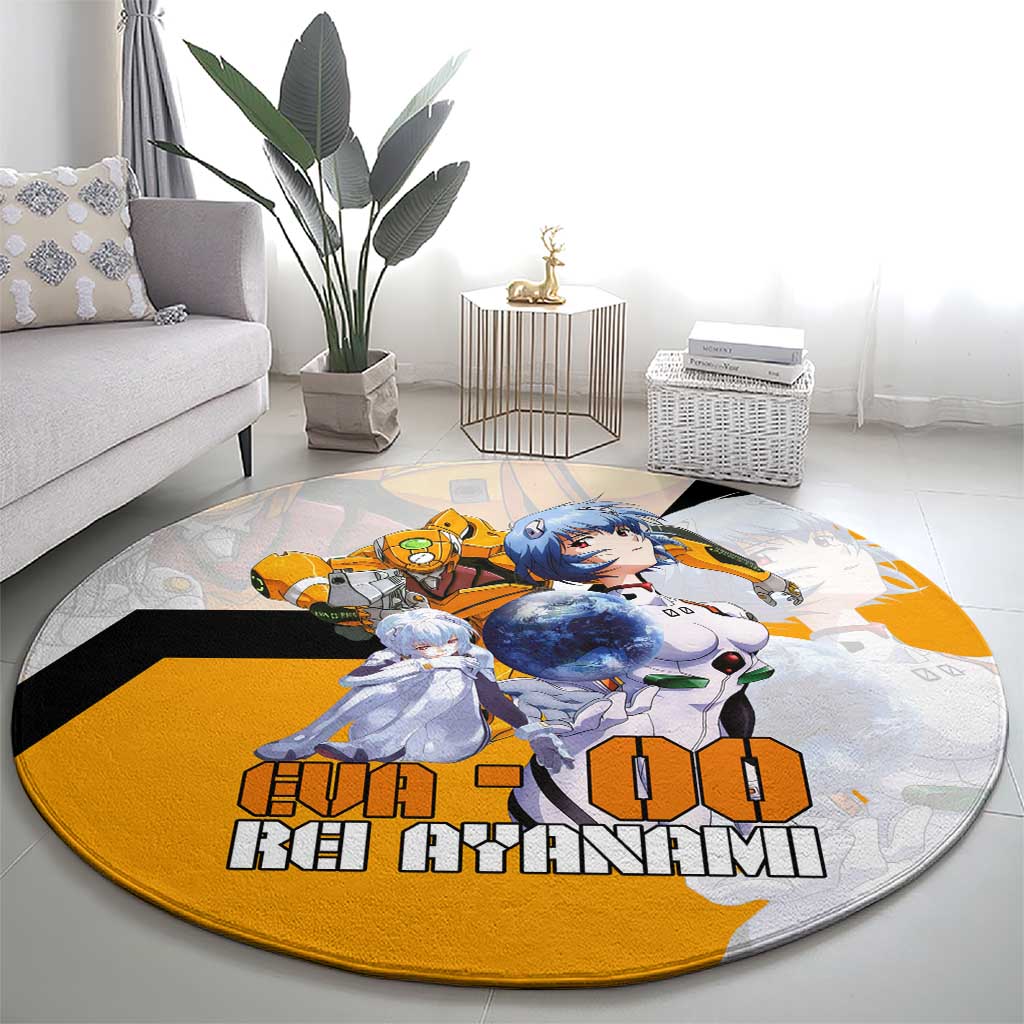 Evangelion EVA-00 and Rei Ayanami Yellow and White Round Carpet Design with Mecha and Character Artwork - The Mazicc