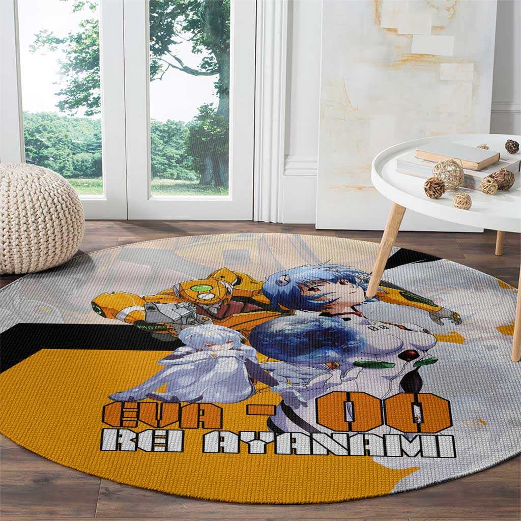 Evangelion EVA-00 and Rei Ayanami Yellow and White Round Carpet Design with Mecha and Character Artwork - The Mazicc