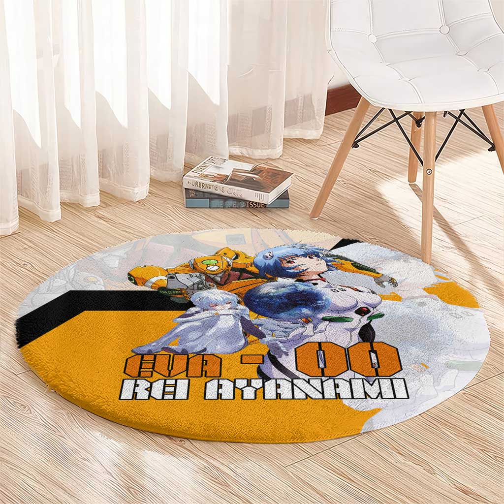 Evangelion EVA-00 and Rei Ayanami Yellow and White Round Carpet Design with Mecha and Character Artwork - The Mazicc