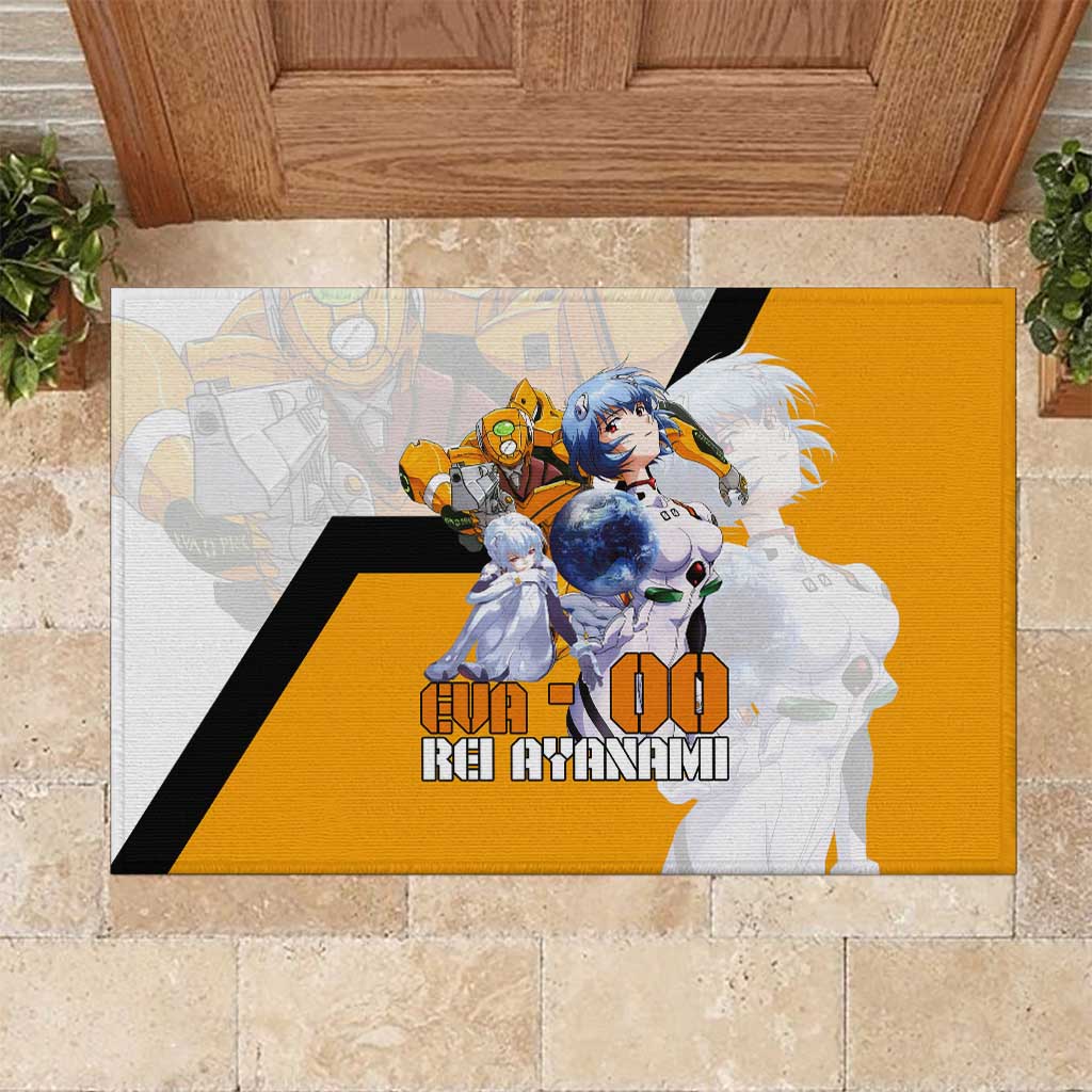 Evangelion EVA-00 and Rei Ayanami Yellow and White Rubber Doormat Design with Mecha and Character Artwork - The Mazicc