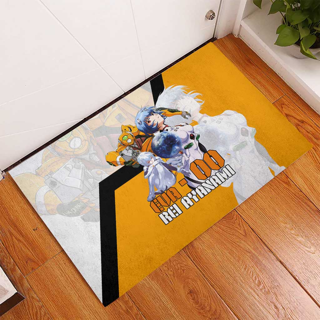 Evangelion EVA-00 and Rei Ayanami Yellow and White Rubber Doormat Design with Mecha and Character Artwork - The Mazicc