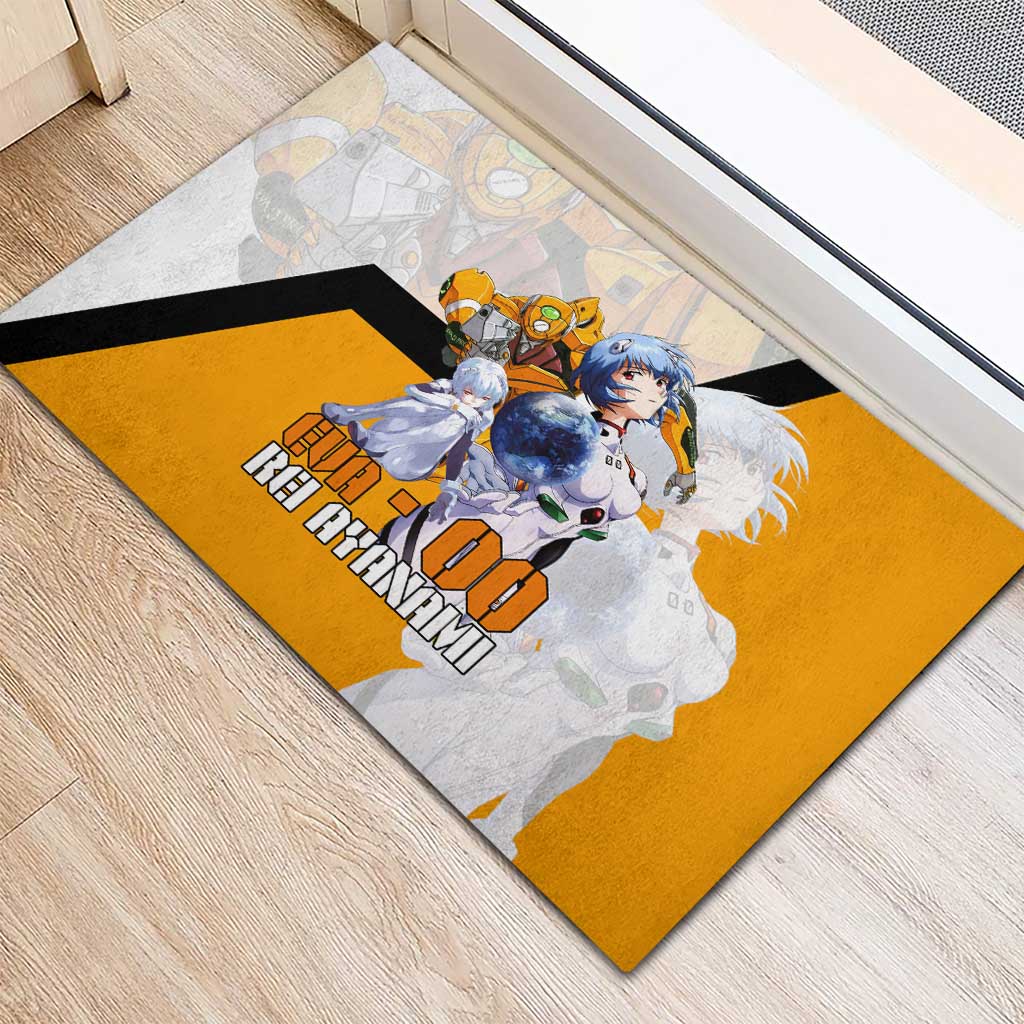 Evangelion EVA-00 and Rei Ayanami Yellow and White Rubber Doormat Design with Mecha and Character Artwork - The Mazicc
