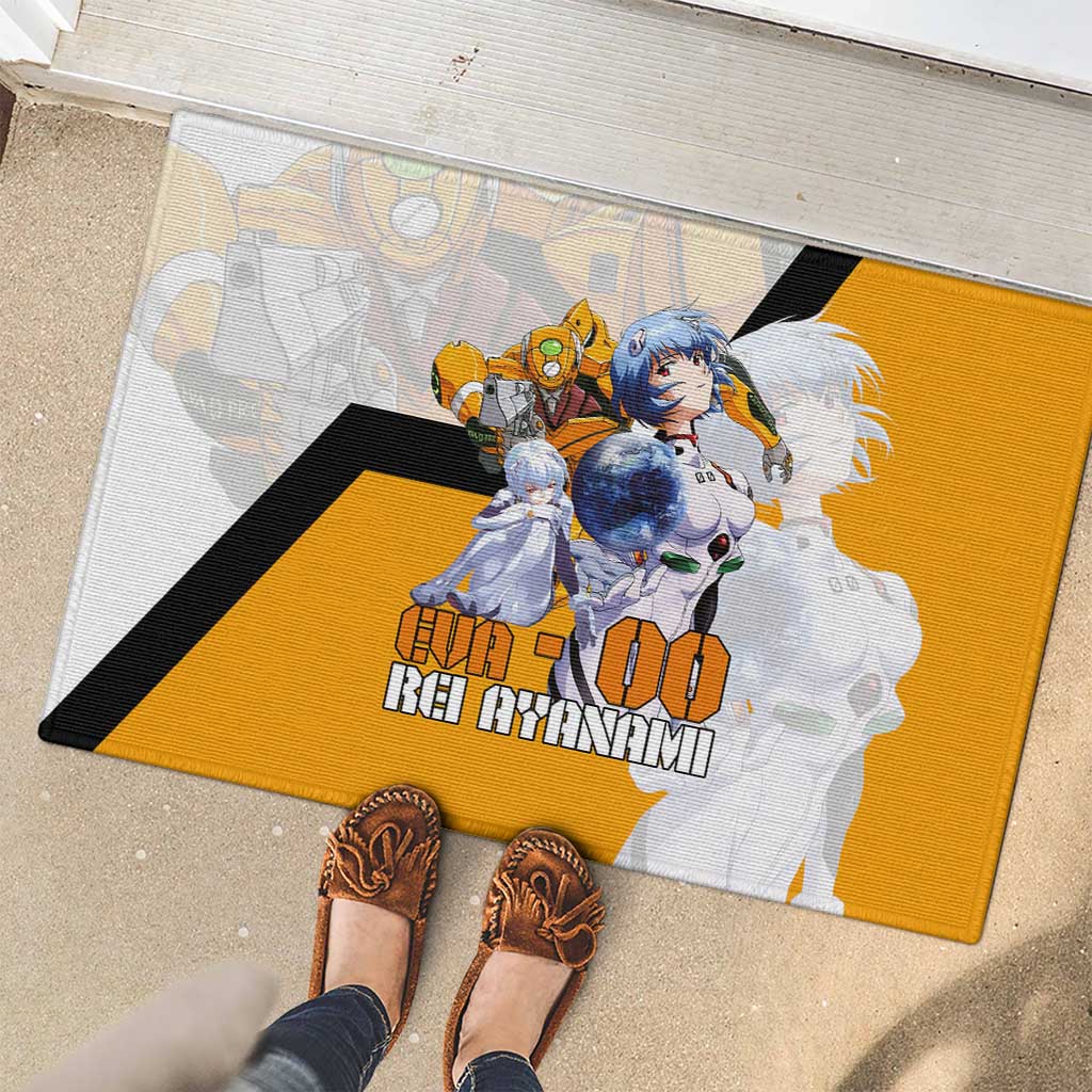 Evangelion EVA-00 and Rei Ayanami Yellow and White Rubber Doormat Design with Mecha and Character Artwork - The Mazicc