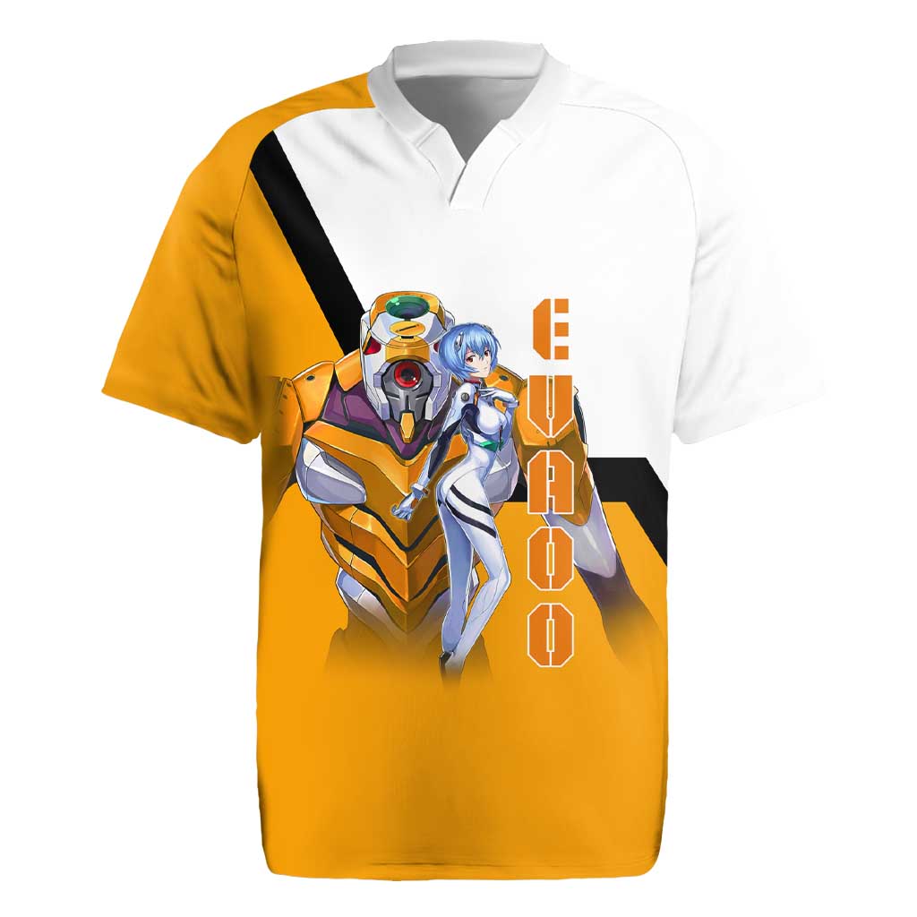 Evangelion EVA-00 and Rei Ayanami Yellow and White Rugby Jersey Design with Mecha and Character Artwork - The Mazicc
