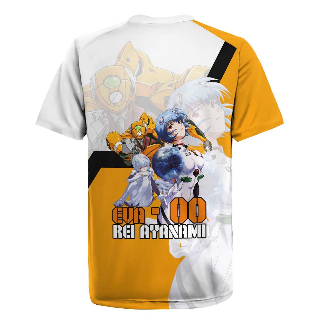 Evangelion EVA-00 and Rei Ayanami Yellow and White Rugby Jersey Design with Mecha and Character Artwork - The Mazicc