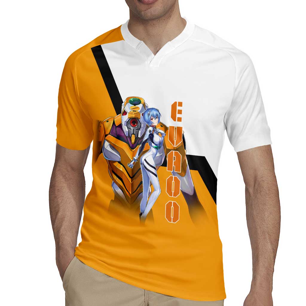 Evangelion EVA-00 and Rei Ayanami Yellow and White Rugby Jersey Design with Mecha and Character Artwork - The Mazicc