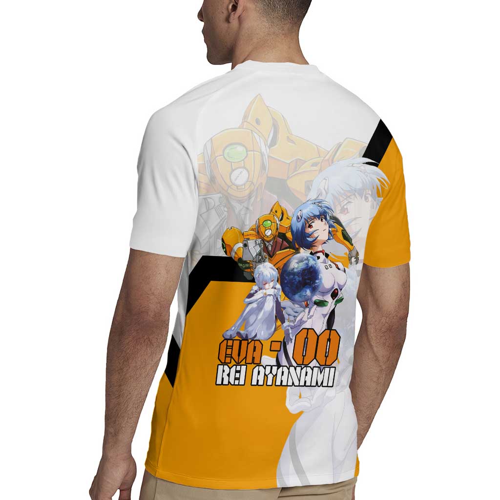Evangelion EVA-00 and Rei Ayanami Yellow and White Rugby Jersey Design with Mecha and Character Artwork - The Mazicc