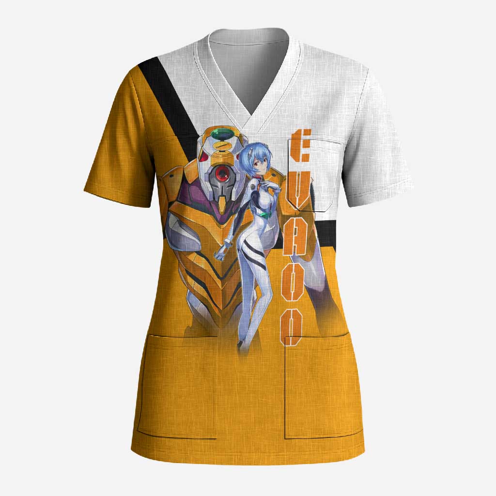 Evangelion EVA-00 and Rei Ayanami Yellow and White Scrub Top Design with Mecha and Character Artwork - The Mazicc