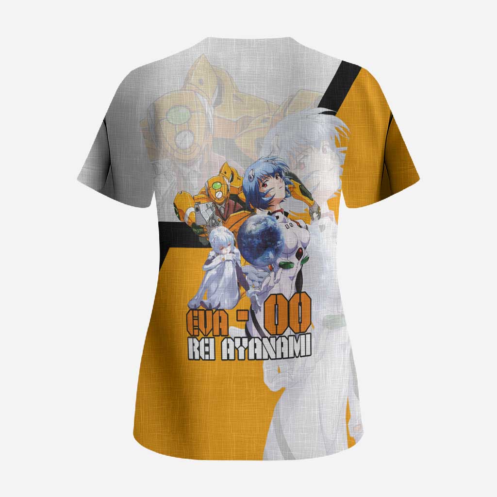 Evangelion EVA-00 and Rei Ayanami Yellow and White Scrub Top Design with Mecha and Character Artwork - The Mazicc