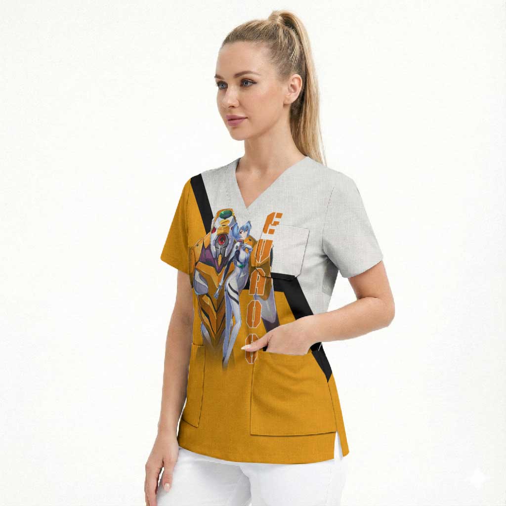 Evangelion EVA-00 and Rei Ayanami Yellow and White Scrub Top Design with Mecha and Character Artwork - The Mazicc