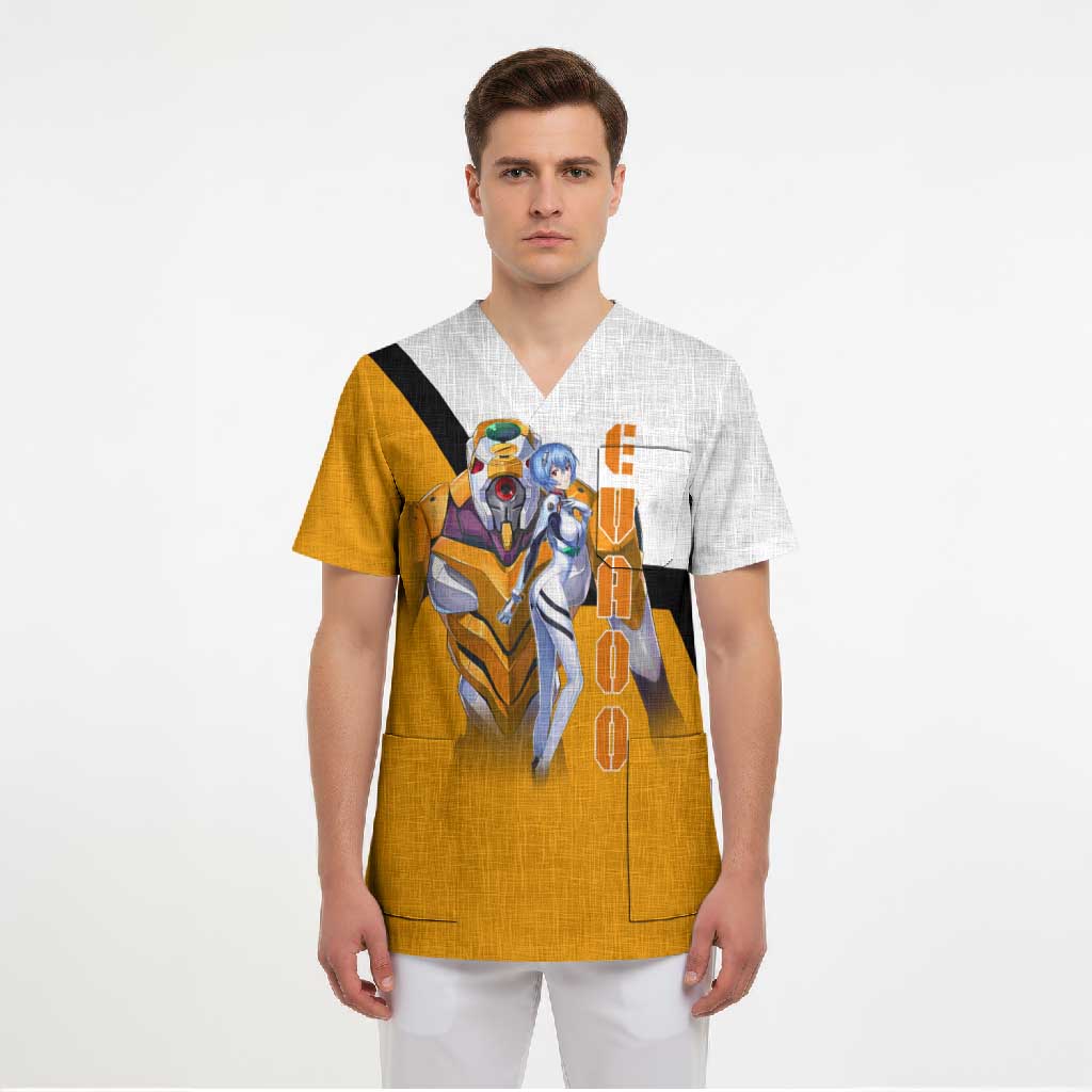 Evangelion EVA-00 and Rei Ayanami Yellow and White Scrub Top Design with Mecha and Character Artwork - The Mazicc