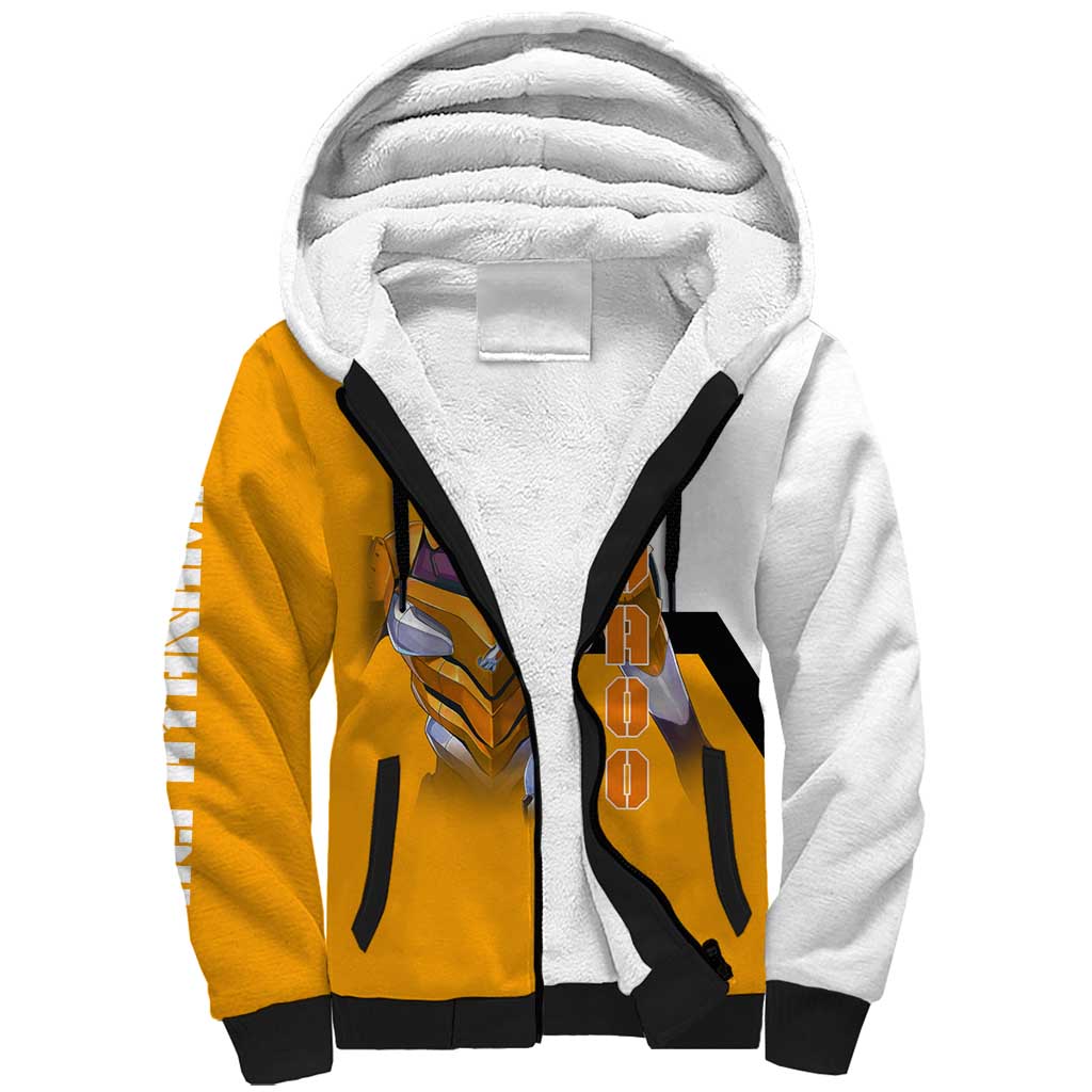 Evangelion EVA-00 and Rei Ayanami Yellow and White Sherpa Hoodie Design with Mecha and Character Artwork - The Mazicc