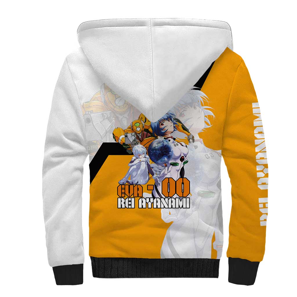 Evangelion EVA-00 and Rei Ayanami Yellow and White Sherpa Hoodie Design with Mecha and Character Artwork - The Mazicc