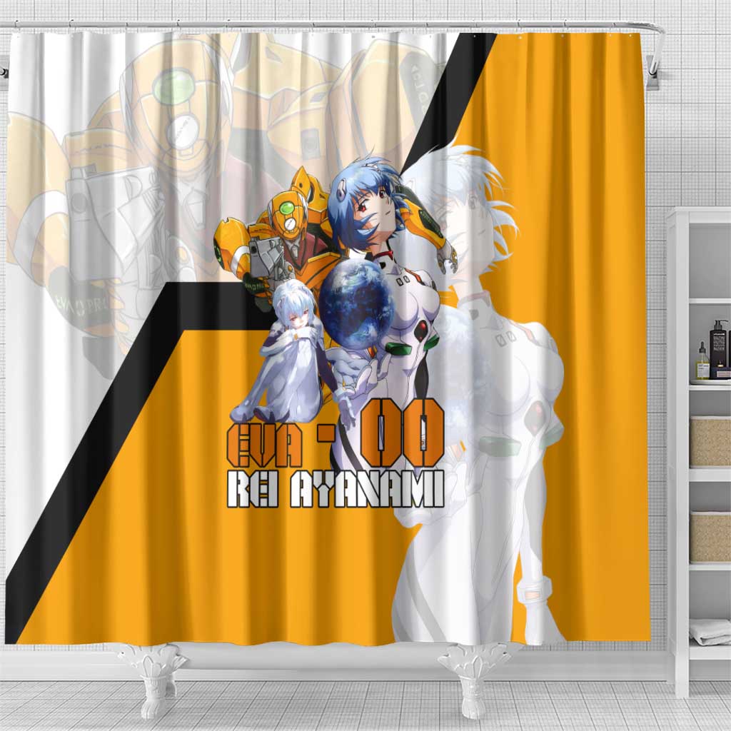 Evangelion EVA-00 and Rei Ayanami Yellow and White Shower Curtain Design with Mecha and Character Artwork - The Mazicc