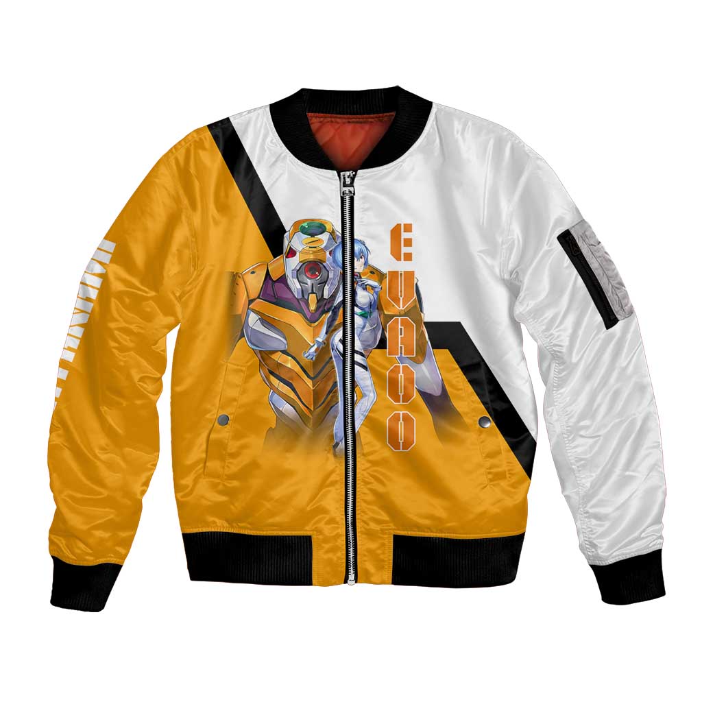 Evangelion EVA-00 and Rei Ayanami Yellow and White Sleeve Zip Bomber Jacket Design with Mecha and Character Artwork - The Mazicc