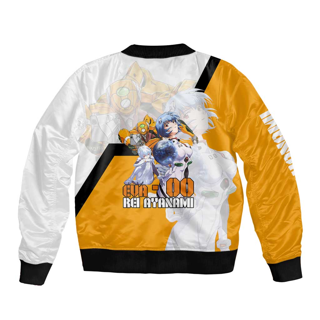 Evangelion EVA-00 and Rei Ayanami Yellow and White Sleeve Zip Bomber Jacket Design with Mecha and Character Artwork - The Mazicc