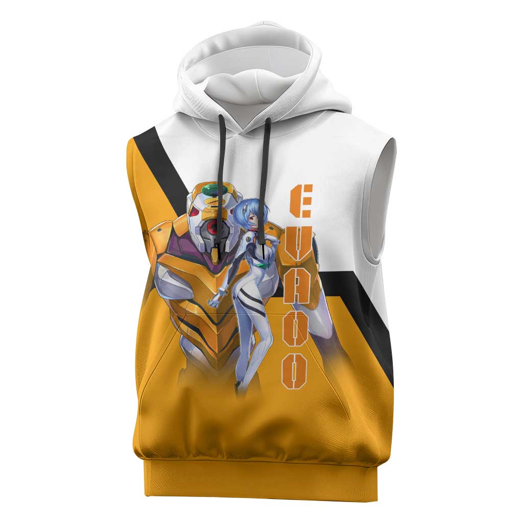 Evangelion EVA-00 and Rei Ayanami Yellow and White Sleeveless Hoodie Design with Mecha and Character Artwork - The Mazicc