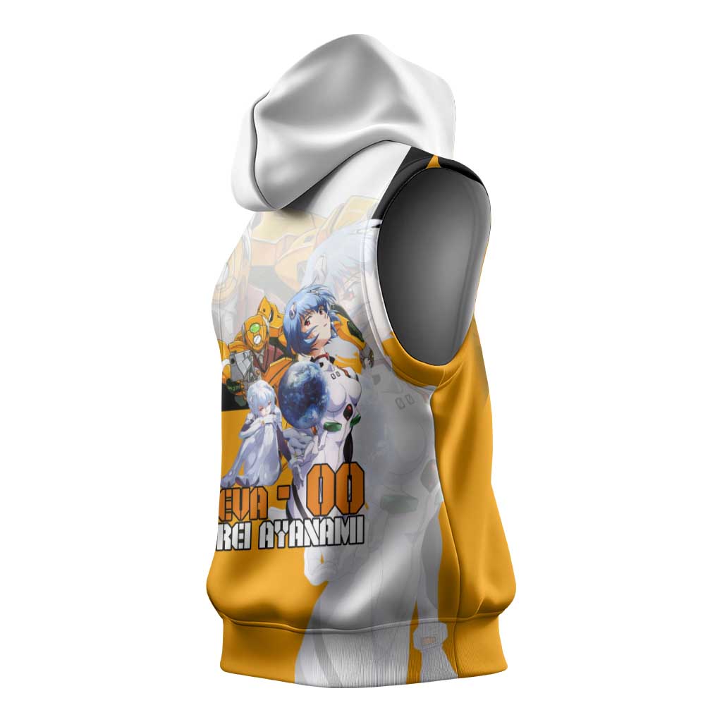 Evangelion EVA-00 and Rei Ayanami Yellow and White Sleeveless Hoodie Design with Mecha and Character Artwork - The Mazicc
