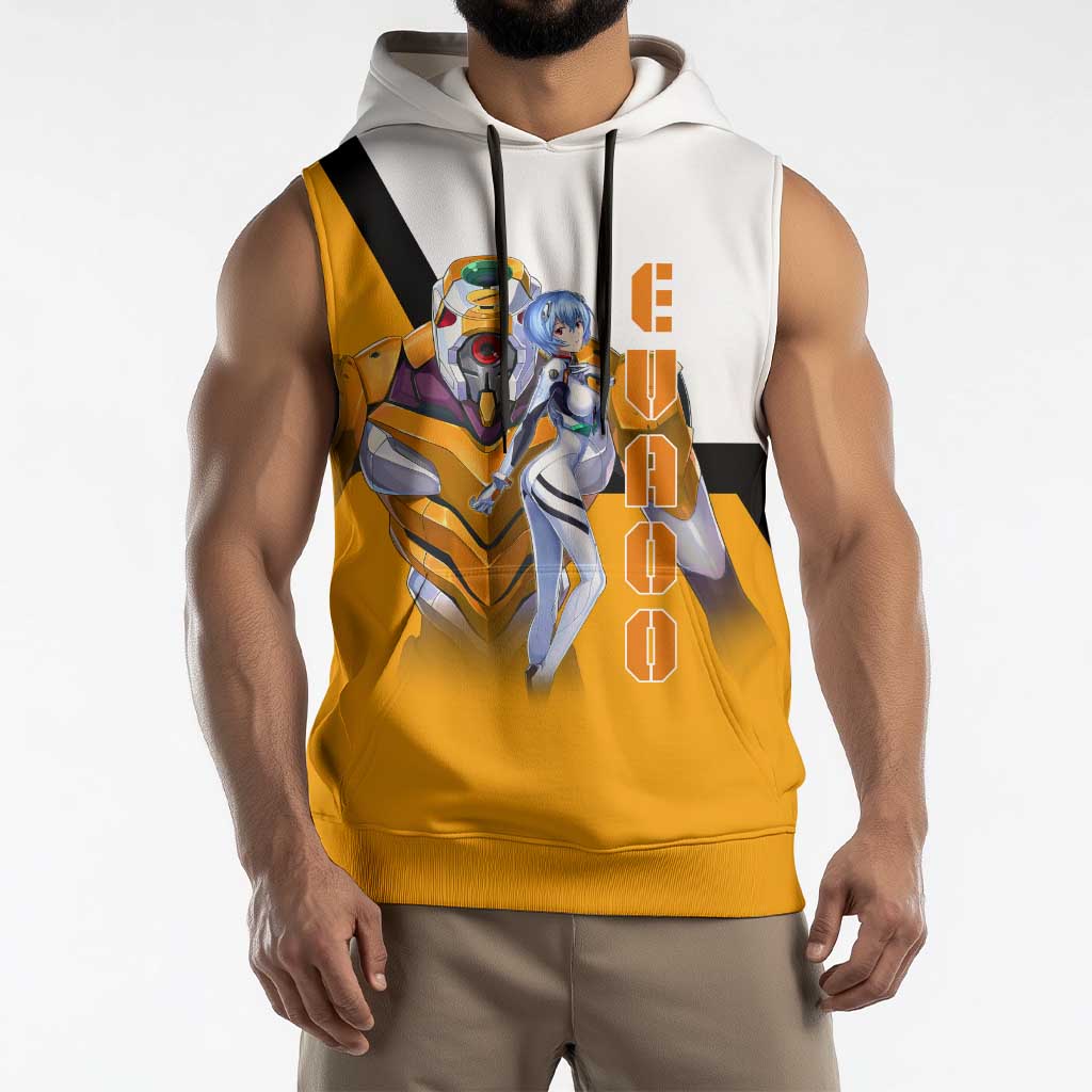 Evangelion EVA-00 and Rei Ayanami Yellow and White Sleeveless Hoodie Design with Mecha and Character Artwork - The Mazicc