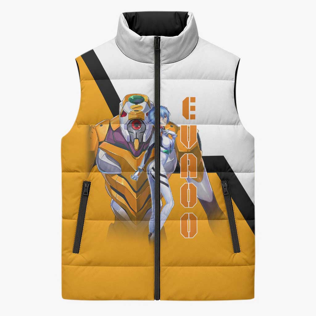Evangelion EVA-00 and Rei Ayanami Yellow and White Sleeveless Puffer Jacket Design with Mecha and Character Artwork - The Mazicc