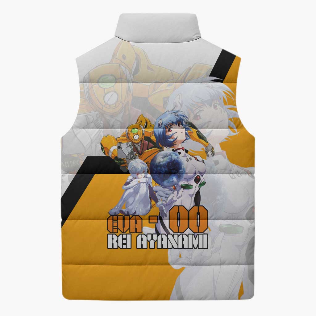 Evangelion EVA-00 and Rei Ayanami Yellow and White Sleeveless Puffer Jacket Design with Mecha and Character Artwork - The Mazicc