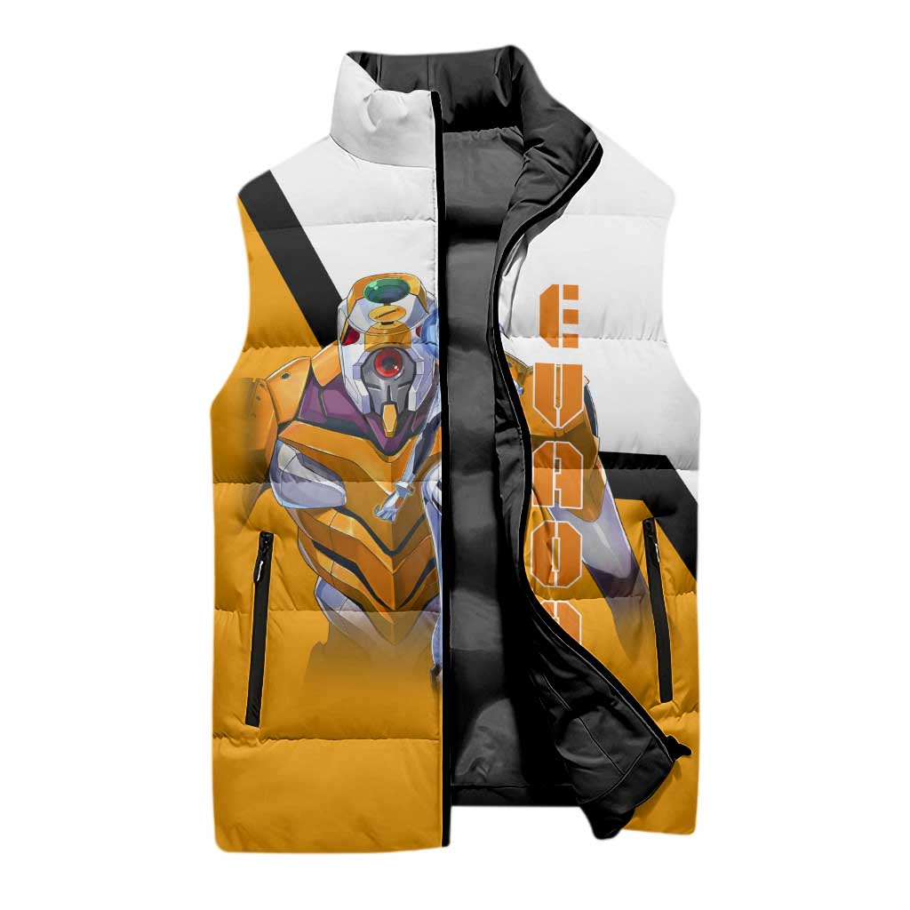 Evangelion EVA-00 and Rei Ayanami Yellow and White Sleeveless Puffer Jacket Design with Mecha and Character Artwork - The Mazicc