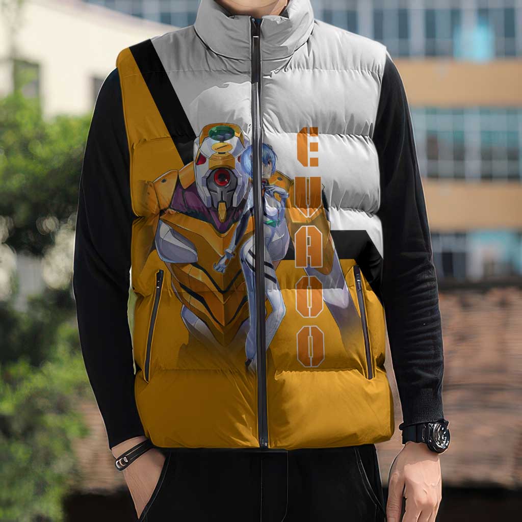 Evangelion EVA-00 and Rei Ayanami Yellow and White Sleeveless Puffer Jacket Design with Mecha and Character Artwork - The Mazicc