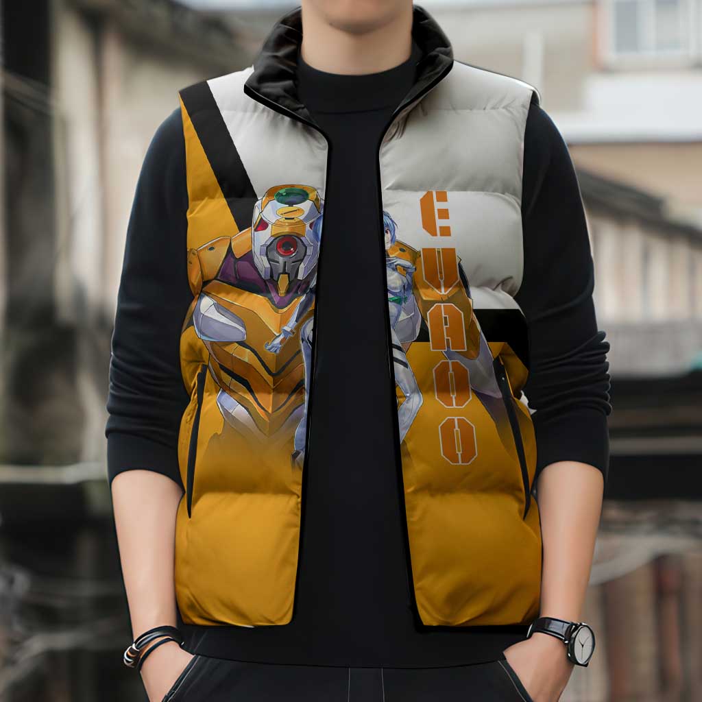 Evangelion EVA-00 and Rei Ayanami Yellow and White Sleeveless Puffer Jacket Design with Mecha and Character Artwork - The Mazicc