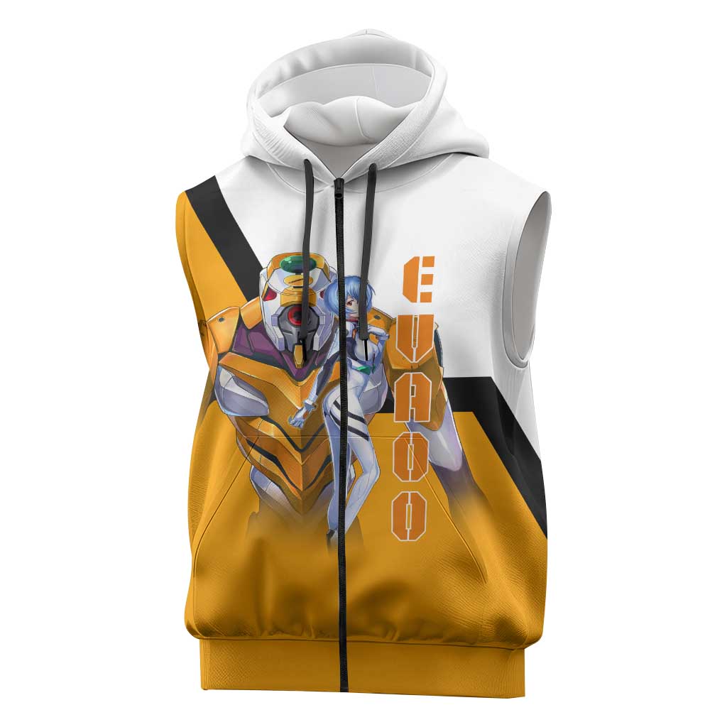 Evangelion EVA-00 and Rei Ayanami Yellow and White Sleeveless Zip Hoodie Design with Mecha and Character Artwork - The Mazicc