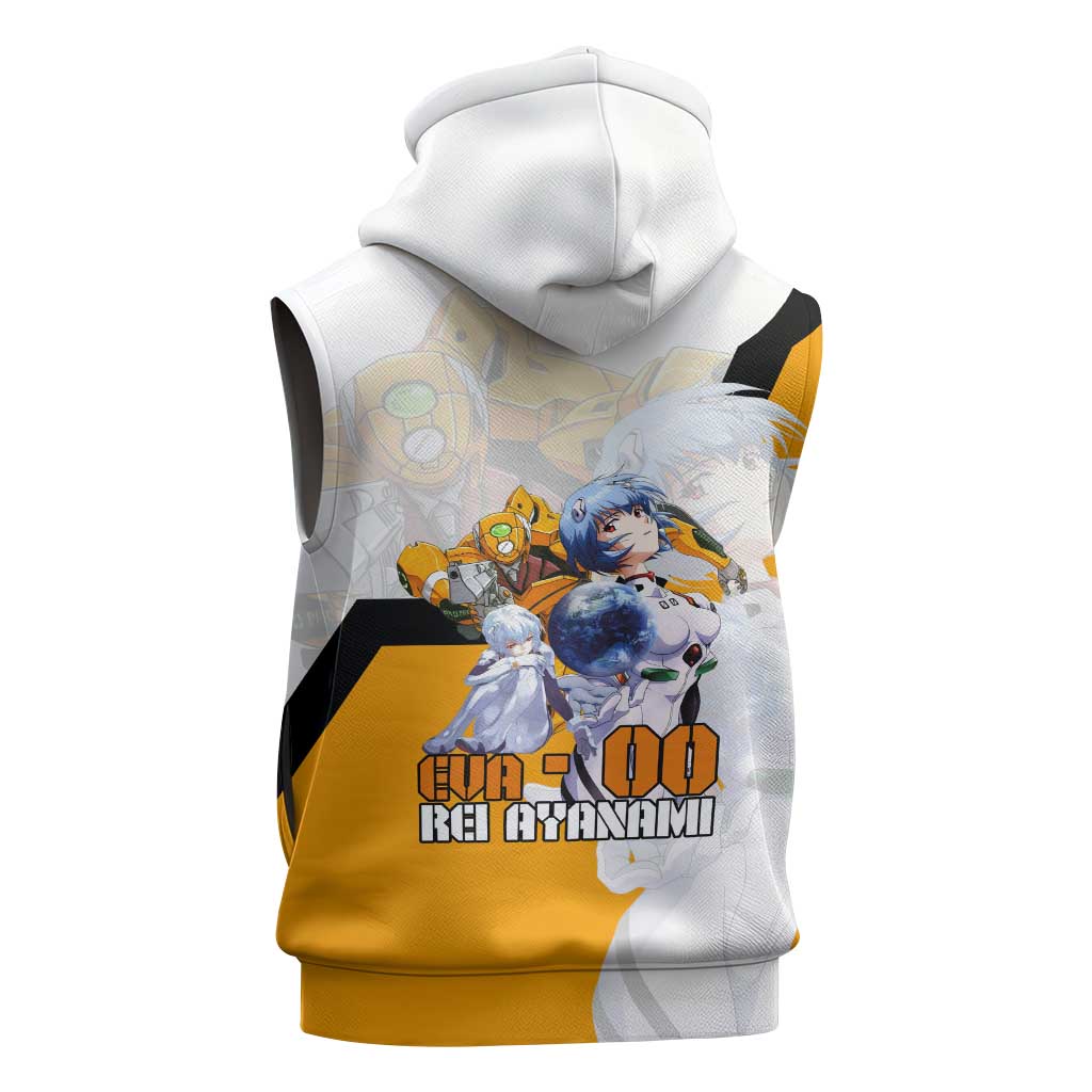Evangelion EVA-00 and Rei Ayanami Yellow and White Sleeveless Zip Hoodie Design with Mecha and Character Artwork - The Mazicc