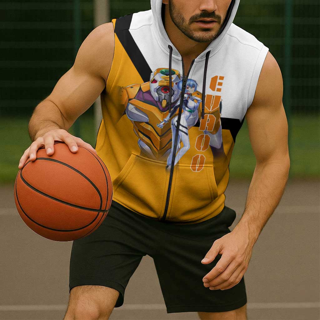 Evangelion EVA-00 and Rei Ayanami Yellow and White Sleeveless Zip Hoodie Design with Mecha and Character Artwork - The Mazicc