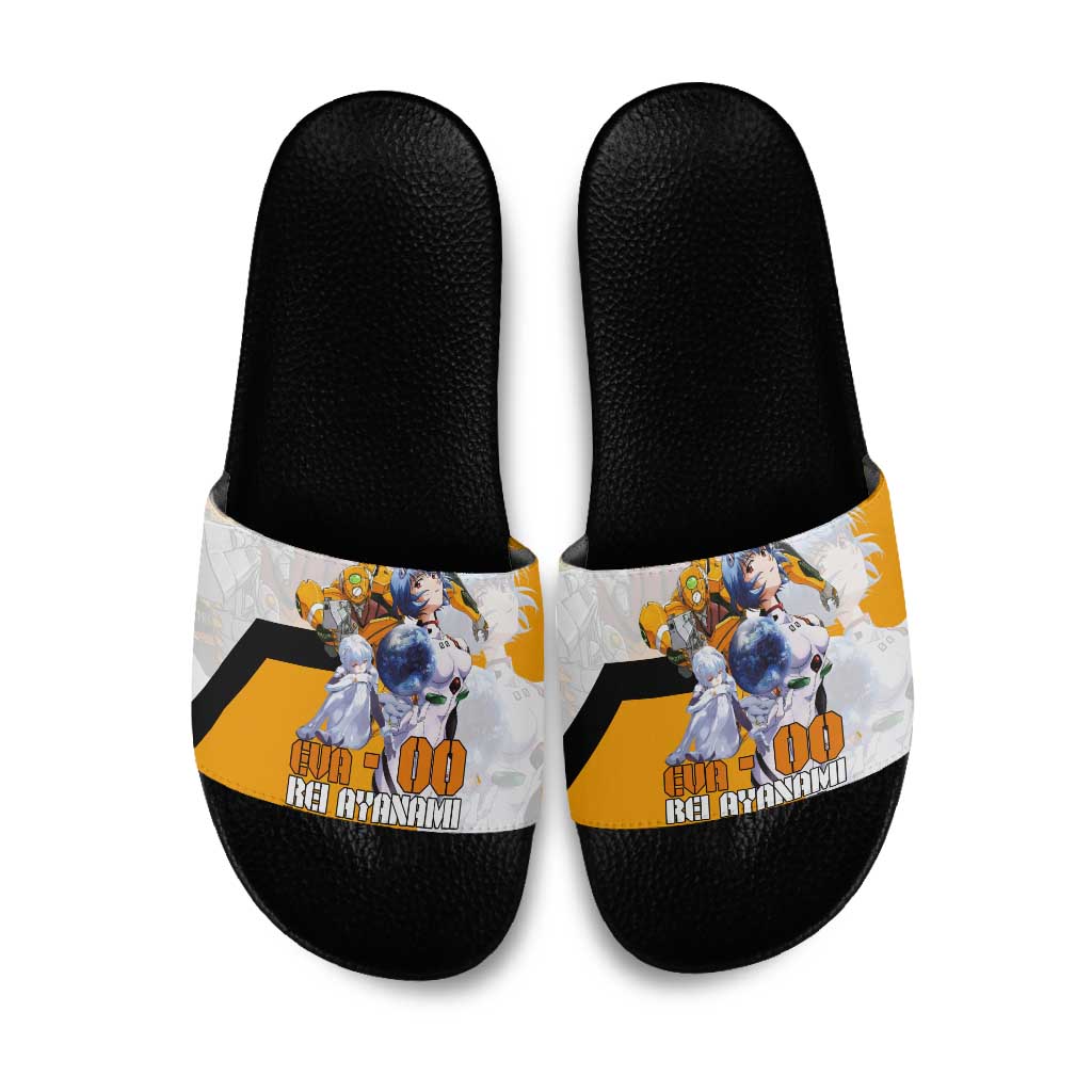 Evangelion EVA-00 and Rei Ayanami Yellow and White Slide Sandals Design with Mecha and Character Artwork - The Mazicc