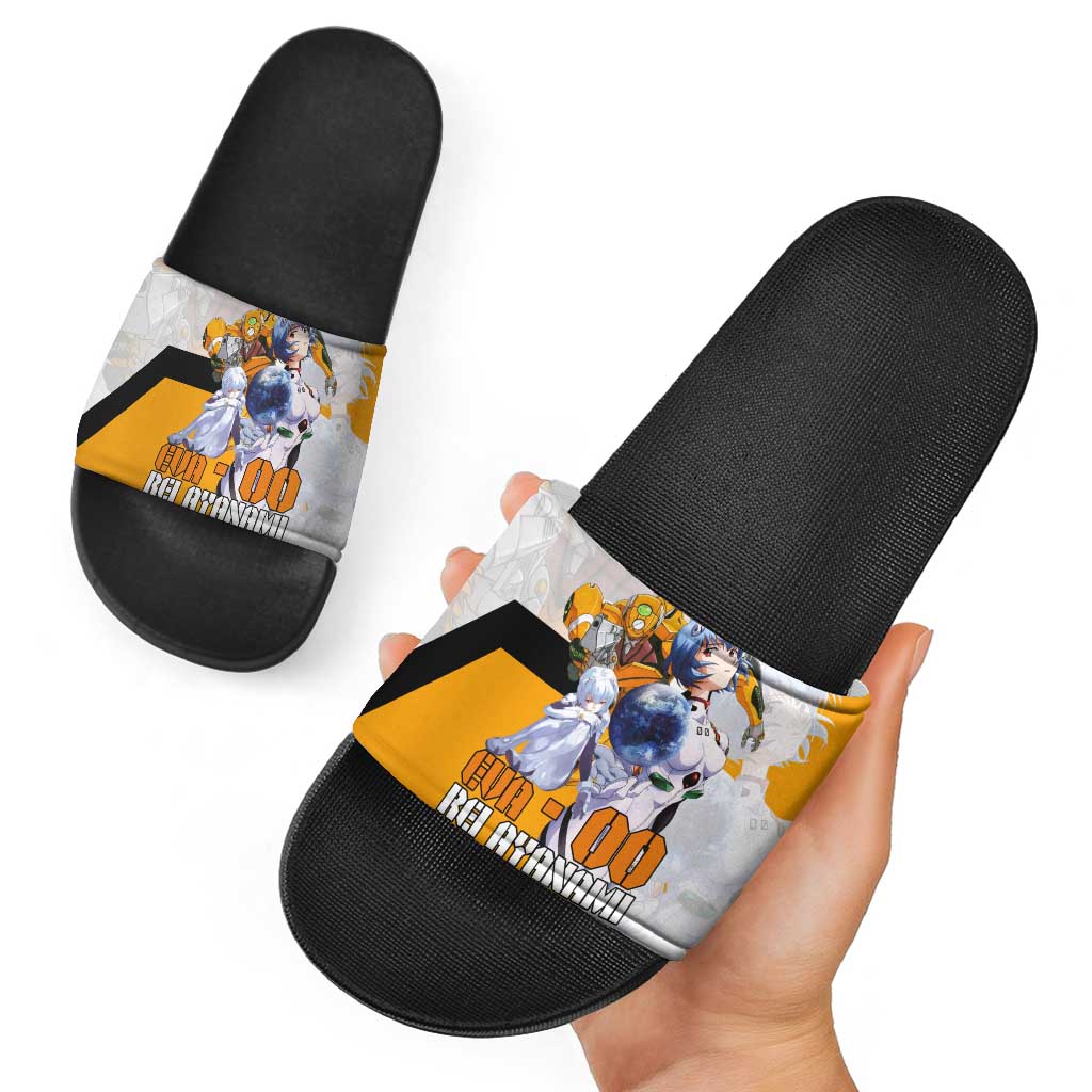 Evangelion EVA-00 and Rei Ayanami Yellow and White Slide Sandals Design with Mecha and Character Artwork - The Mazicc