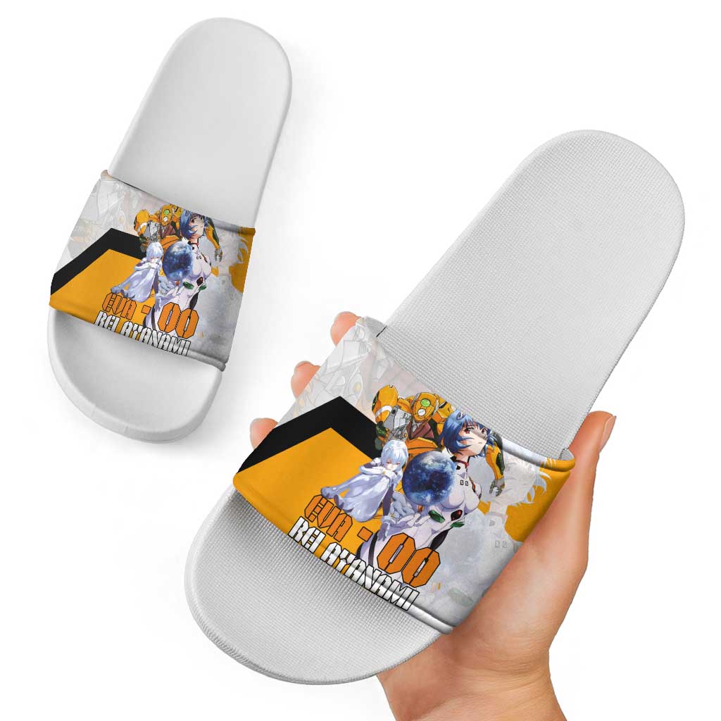 Evangelion EVA-00 and Rei Ayanami Yellow and White Slide Sandals Design with Mecha and Character Artwork - The Mazicc