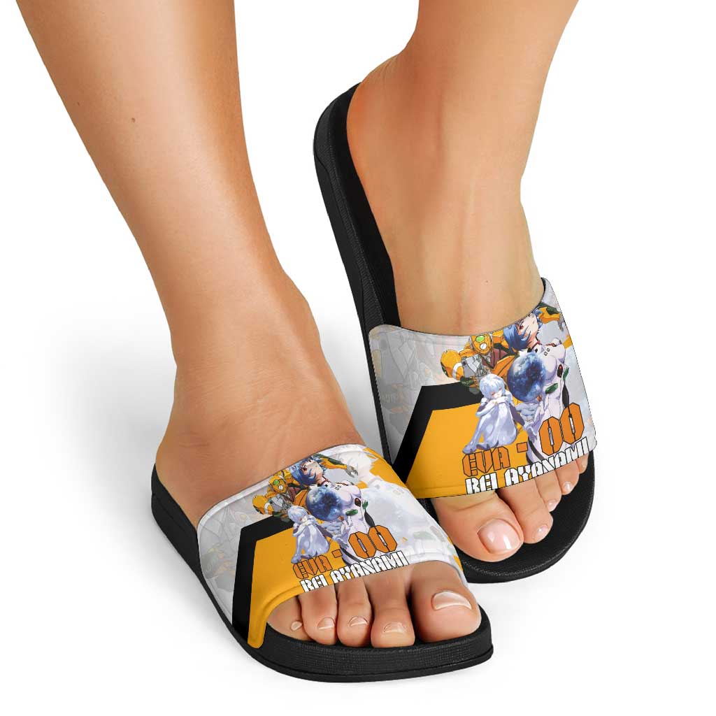 Evangelion EVA-00 and Rei Ayanami Yellow and White Slide Sandals Design with Mecha and Character Artwork - The Mazicc