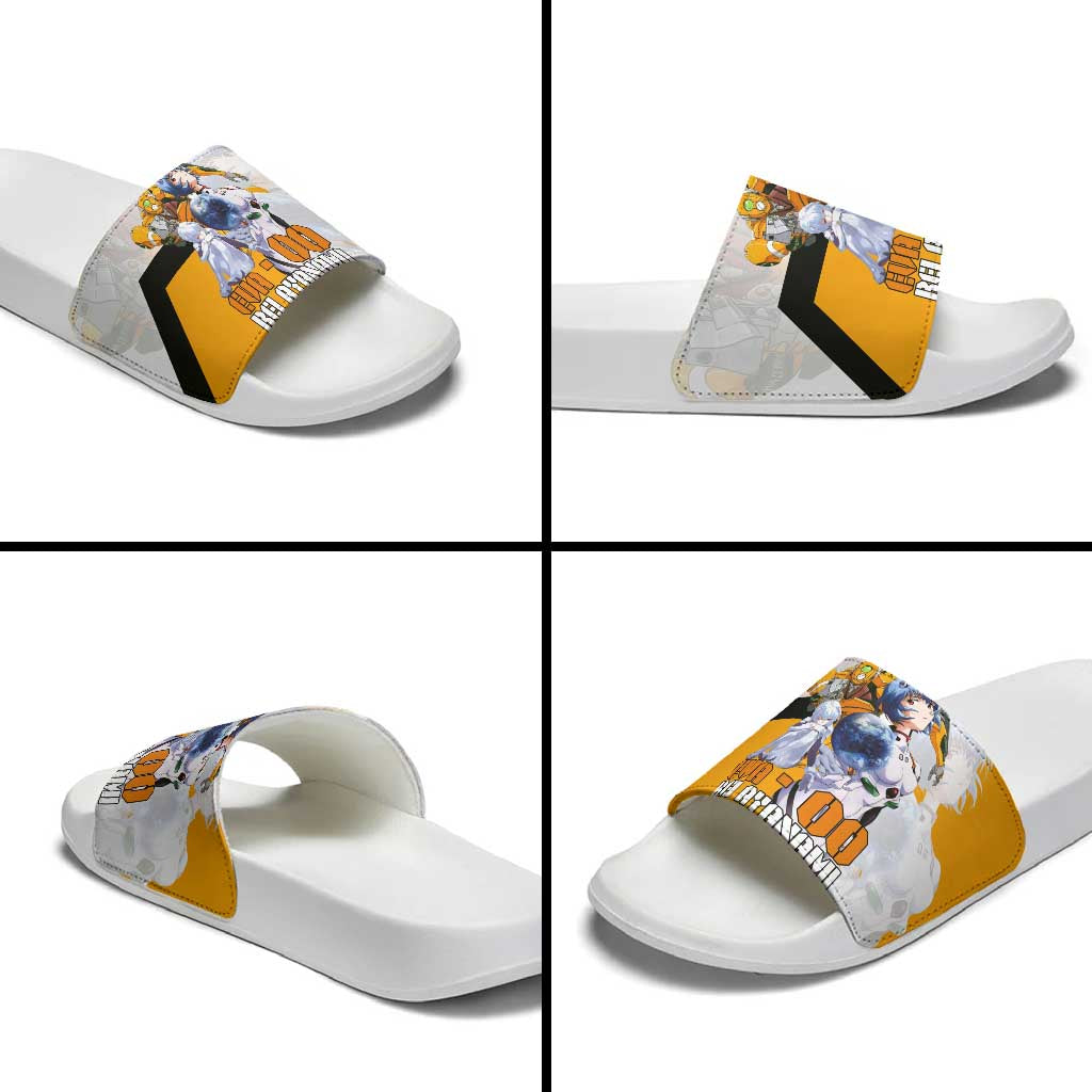 Evangelion EVA-00 and Rei Ayanami Yellow and White Slide Sandals Design with Mecha and Character Artwork - The Mazicc